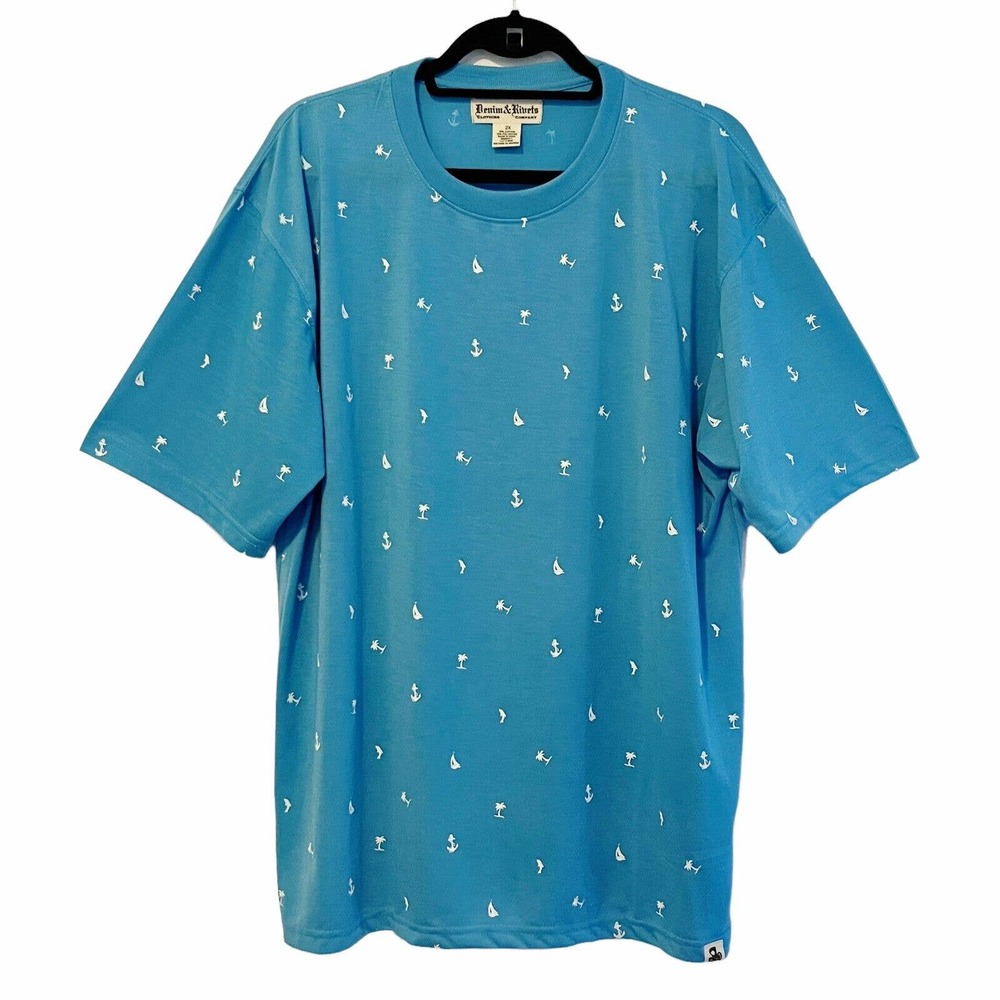 Denim & Rivets Mens T-Shirt 2X Blue Crew Neck Short Sleeve Palm Trees Tropical